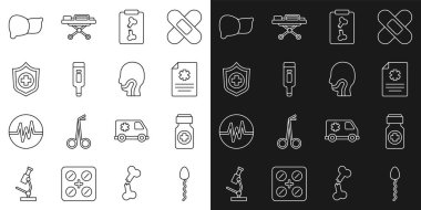 Sperm, ilaç şişesi ve haplar, klinik kayıtları, röntgen fotoğrafları, dijital termometre, hayat sigortası eli, insan organı karaciğeri ve boğaz ikonu. Vektör