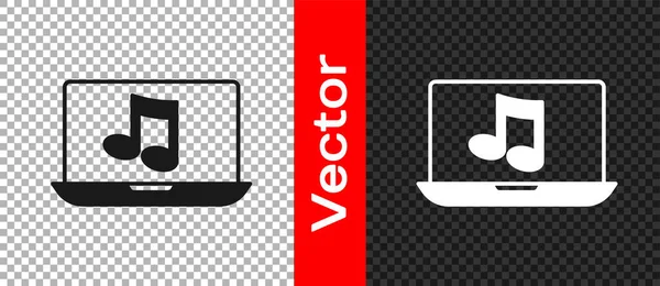 Ordinateur portable noir avec symbole de note de musique sur l'icône de l'écran isolé sur fond transparent. Vecteur — Image vectorielle