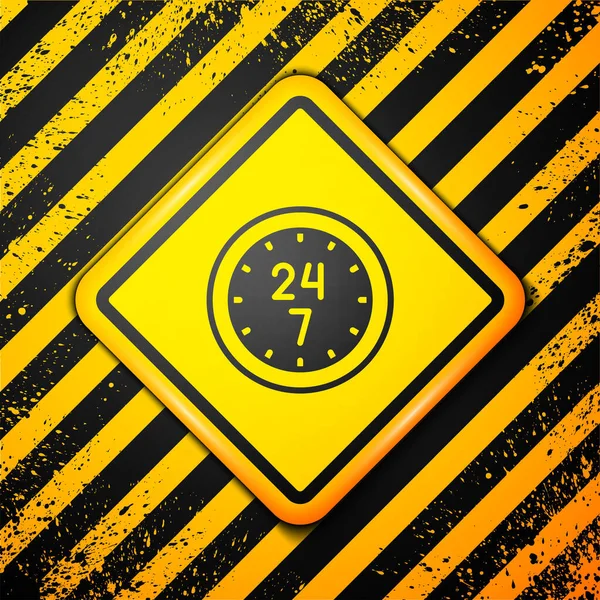 Zwarte klok 24 uur pictogram geïsoleerd op gele achtergrond. De hele dag cyclisch icoon. 24 uur service symbool. Waarschuwingsbord. Vector — Stockvector