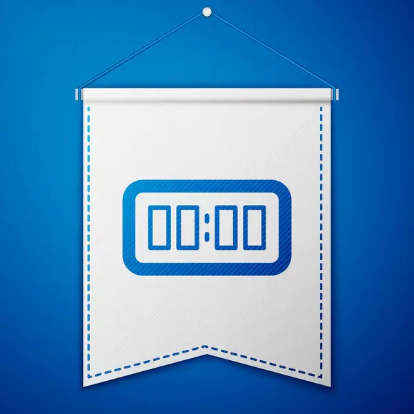 Blaues digitales Weckersymbol isoliert auf blauem Hintergrund. Elektronische Uhr Wecker. Zeitzeichen. Weiße Wimpelvorlage. Vektor — Stockvektor