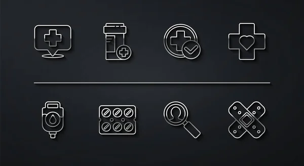 Set line Pointeur de carte avec hôpital croisé, sac IV, coeur, analyse médicale, plaquette thermoformée, flacon de médicament, pansement croisé et icône médicale. Vecteur — Image vectorielle