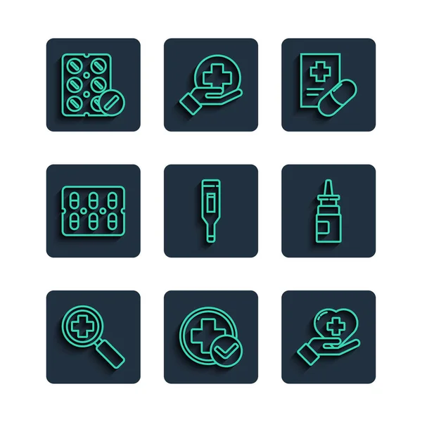 Définir la ligne Verre grossissant pour la recherche médicale, Croix hôpital, Coeur avec croix, prescription médicale, thermomètre numérique, blister pilule, et bouteille icône de pulvérisation nasale. Vecteur — Image vectorielle