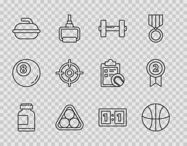 Set çizgisi spor beslenme, basketbol topu, Dumbbell, bilardo topları tribünde, Stone kıvrımlı spor oyunu, Target, mekanik skor tabelası ve madalya ikonu. Vektör — Stok Vektör