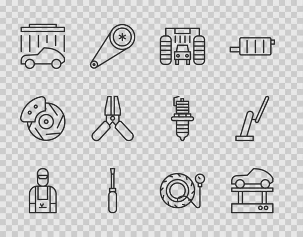 Set line Automechaniker, Auto am Lift reparieren, waschen, Schraubendreher, Batterieüberbrückungskabel, Reifendruckmessgerät und Scheibenwischer-Symbol. Vektor — Stockvektor