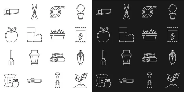 Set line Plant, Maïs, Pak vol met zaden van planten, Tuinslang brandslang, Waterdichte rubberen laars, Apple, Handzaag en vers gras in rechthoekige pictogram. Vector — Stockvector