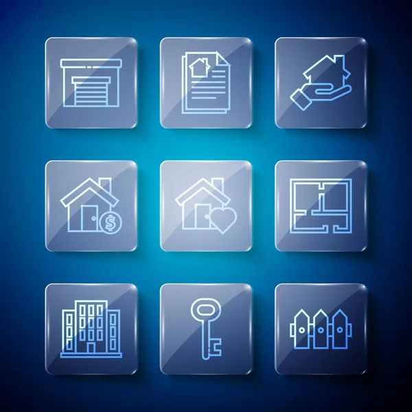 Set line Casa, llave, valla de jardín de madera, Realtor, con forma de corazón, símbolo del dólar, Garaje e icono del plan. Vector — Archivo Imágenes Vectoriales