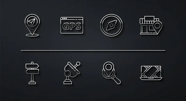 Définir l'emplacement de la ligne, Panneau de signalisation routière, avec magasin, Emplacement de recherche, Radar, Carte de l'appareil GPS, Navigation urbaine et icône Boussole. Vecteur — Image vectorielle