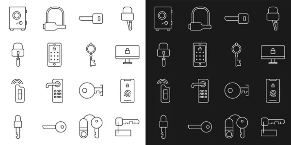 Set line gemarkeerde sleutel, Mobiel met vingerafdrukscan, Lock on computer monitor, Sleutel, en grafisch wachtwoord, picks voor het openen van sloten, Veilig en oud pictogram. Vector — Stockvector