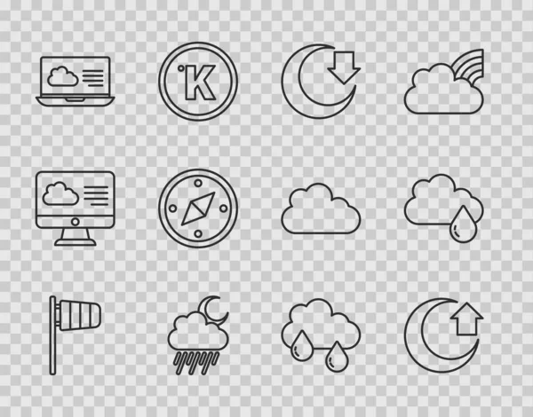 Állítsa be a vonal Cone szélzokni szél furgon, Hold, Felhő eső és hold, Időjárás-előrejelzés, Iránytű, és ikon. Vektor — Stock Vector