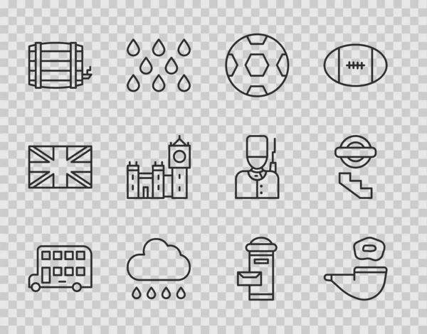 Set line Double decker bus, Smoking pipe, Football ball, Cloud with rain, Wooden barrel, Big Ben tower, London mail box and underground icon. Vector — Stock Vector