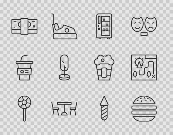 Set line Lollipop, Burger, automaat, Picknicktafel met stoelen, stapels papiergeld, Tree, vuurwerk raket en pretpark kaart icoon. Vector — Stockvector