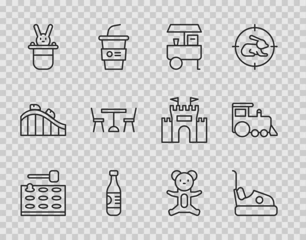 Set line Arcade game machine, Bumper car, Fast street food cart, Bottle of water, Magician hat and rabbit, Picnic table with chairs, Teddy bear plush toy and Toy train icon. Vector — Stock Vector