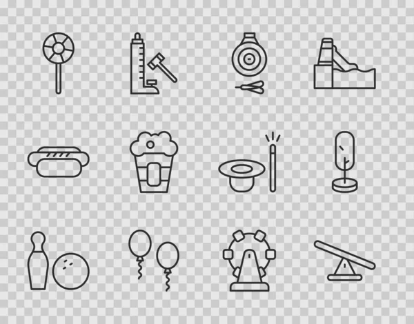 Set lijn Bowling pin en bal, wip, klassieke dartbord pijl, ballonnen, Lollipop, popcorn box, reuzenrad en boom pictogram. Vector — Stockvector