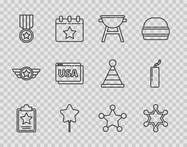 미국 독립기념일을 설정하고, 육각형 보안관 , Barbecue grill, Balloon, Medal with star, browser, Dynamite bomb icon. Vector — 스톡 벡터