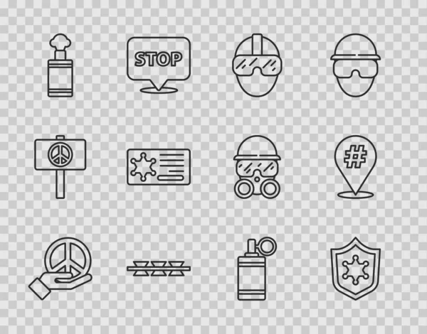 Set line Peace, Police badge, Special forces soldier, Barbed wire, Hand grenade, and Protest icon. Vector — Stock Vector
