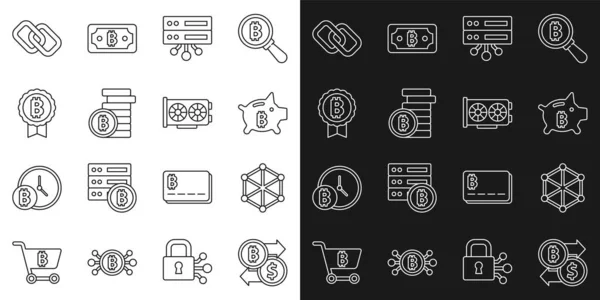 Set line Cryptocurrency exchange, Blockchain technology, Piggy bank bitcoin, Server, Bitcoin, Chain link and Video graphic card icon. Vector — Stock Vector