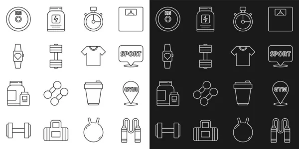 Set line Saltar cuerda, Ubicación gimnasio, cronómetro, mancuerna, Smartwatch, Placa de peso e icono de la camiseta. Vector — Archivo Imágenes Vectoriales