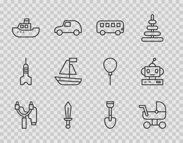Çizgi sapanı, bebek arabası, otobüs oyuncağı, kılıç, oyuncak tekne, kürek ve robot ikonu. Vektör — Stok Vektör