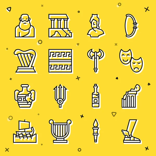 Set line Hermes sandal, Broken ancient column, Comedy tragedy masks, Ancient bust sculpture, Greek pattern, Harp, Socrates and Medieval axe icon. Vector — Stock Vector