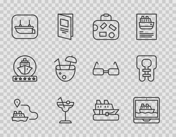 Set line Ship line path, Cruise ship, Suitcase, Cocktail, Lifeboat, Coconut cocktail, and jacket icon. Vector — Stock Vector