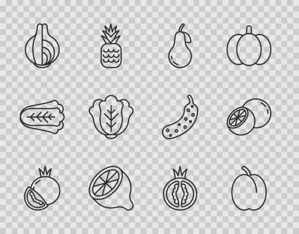 Meghatározott vonal paradicsom, szilva gyümölcs, körte, citrom, hagyma, káposzta, és narancs ikon. Vektor — Stock Vector