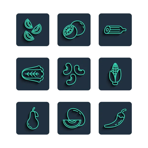 Set line Pear, Melon fruit, Hot chili pepper pod, Fresh cucumber, Beans, Cabbage, Tomato and Corn icon. Vector — Stock Vector