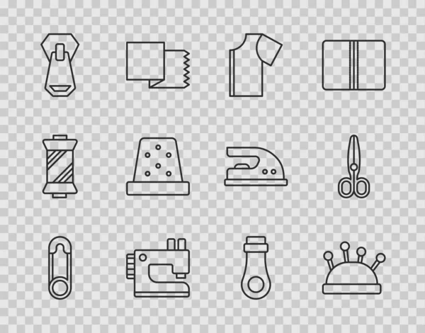 Set pin línea de seguridad, cama de aguja y agujas, patrón de costura, máquina, cremallera, dedal para la costura, y tijeras icono. Vector — Vector de stock