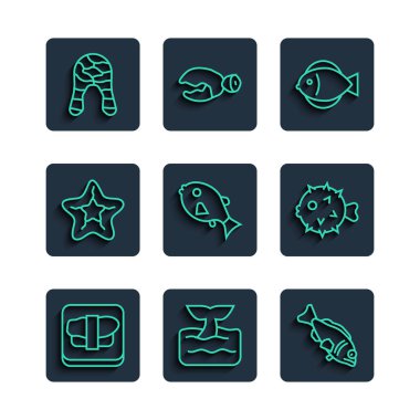 Suşi, balina kuyruğu okyanus dalgası, balık, tropikal balık, denizyıldızı, biftek ve kirpi ikonu. Vektör