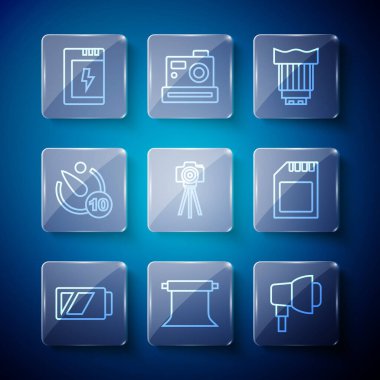 Kamera, boş fotoğraf stüdyosu, Softbox light, kamera lensi, fotoğraf makinesi, zamanlayıcı ve SD kart simgesi için batarya ayarlayın. Vektör