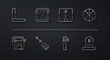 Köşe cetveli, Multimetre, voltmetre, parçaların dairesi, kaliper kalibre ve ölçeği, lazer mesafe ölçer, saat, çap ve derinlik ölçüm simgesini ayarla. Vektör