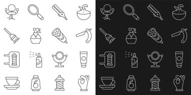 Sabit hat tıbbi lastik eldivenler, krem kozmetik tüp, düz jilet, saç maşası, kuaför tabancası sprey şişesi, paspas, berber sandalyesi ve elektrikli bıçak ikonu. Vektör