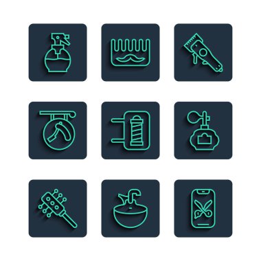 Saç fırçası, lavabo fırçası, berber internet hizmeti veya platform, elektrikli saç makası, dükkan direği, tıraş makineli berber, saç spreyi şişesi ve tıraş losyonu ikonu. Vektör