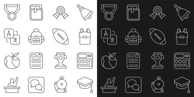 Mezuniyet şapkası, hesap makinesi, okul çantası, madalya, çevirmen ve Amerikan futbol topu ikonu. Vektör