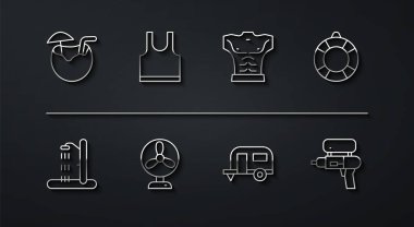 Hindistan cevizi kokteyli, plaj duşu, Lifebuoy, karavan karavanı, elektirikli fan, kolsuz tişört, su tabancası ve vücut geliştirici kas ikonu. Vektör