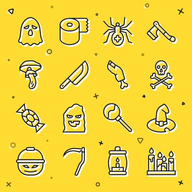 Yakıcı mum, cadı şapkası, çapraz kemikli kafatası, Örümcek, Bıçak, Psilocybin mantarı, Hayalet ve Zombi parmak ikonu. Vektör