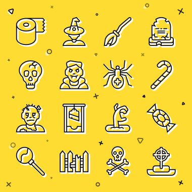 Tombstone 'a haç, şeker, Noel şeker kamışı, cadı süpürgesi, vampir, kafatası, tuvalet kağıdı rulosu ve örümcek ikonu koyun. Vektör