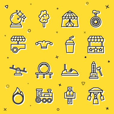 Cazibe Atlıkarınca, Çekiçli Striker cazibesi, Bilet gişesi, Sirk çadırı, Soytarı şapkası zilleri, Fast Street yemek arabası, Sihirli top ve Paper cam su ikonu. Vektör