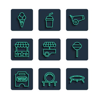 Sirk bileti, lunapark treni, trambolin, top, fast street food seti bilet gişesi, dondurma külahı ve lolipop ikonu. Vektör