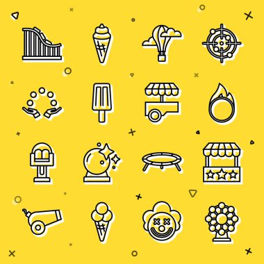 Dönme dolap, bilet gişesi, sirk yangın çemberi, sıcak hava balonu, dondurma, hokkabazlık, lunapark treni ve fast food arabası ikonu. Vektör