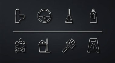 Hat çizgisi klozet, sabun, bulaşık deterjanı, cam temizleyici, paspas ve kova, robot süpürge, ıslak yer ve süpürge ikonu. Vektör