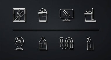 Camlar için çizgi temizleyicisi, temizlik servisi, paspas ve kova, endüstriyel metalik boru, şişe ajanı, köpüklü kova, bulaşık deterjanı ve ikon. Vektör