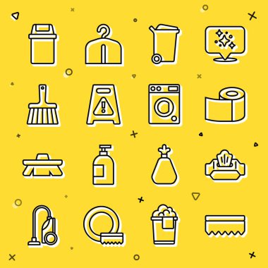 Sünger, ıslak mendil, tuvalet kağıdı rulosu, çöp tenekesi, zemin, süpürge ve çamaşır yıkama ikonu. Vektör