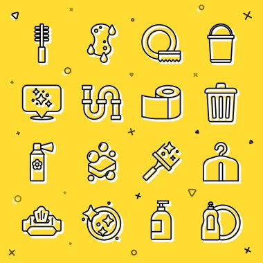 Bulaşık deterjanı şişesi, gardırop, çöp tenekesi, bulaşık makinesi, endüstriyel metal boru, temizlik servisi, tuvalet fırçası ve kağıt rulo ikonu. Vektör