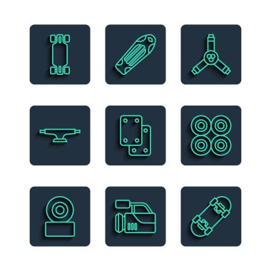 Çizgili kaykay tekerleği, sinema kamerası, Y-aracı, dizlikler, uzun kaykay veya kaykay ve ikon. Vektör