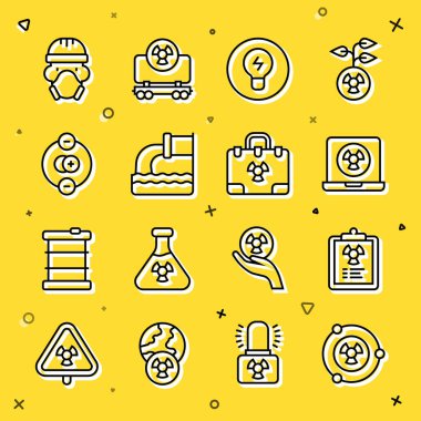 Radyoaktif, Radyasyon Uyarı Belgesi, Nükleer Laptop, Fikir Konsepti Atık Su, Atom, reaktör işçisi ve Nükleer çanta ikonu. Vektör