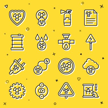 Namluya radyoaktif atık, asit yağmuru, radyoaktif bulut, yüksek voltaj işareti, yangın söndürücü, kalkan ve endüstriyel boru kapakçığı ikonu yerleştirin. Vektör