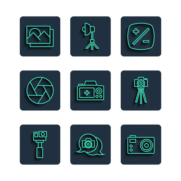Set line Action camera, Photo, Exposure compensation, Camera shutter, frame and icon. Vector — Stock Vector
