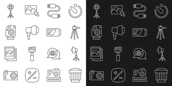 Stel lijn in Camera fotolens, Softbox licht, Statief, USB kabel snoer, Fotocamera, en Batterij voor icoon. Vector — Stockvector