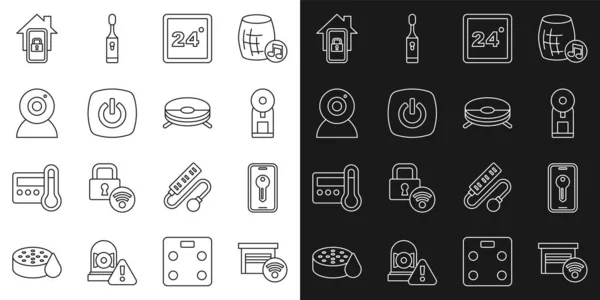 Set line Smart garáž, klíč, kávovar, termostat, domov, Web kamera, Mobile s inteligentní a Robot vysavač ikony. Vektor — Stockový vektor
