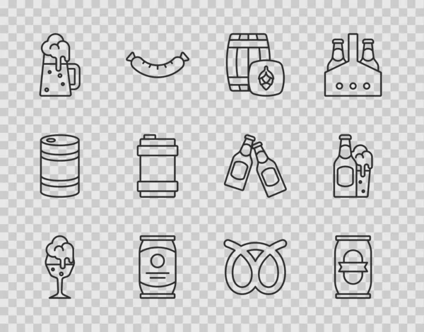 Set line Vaso de cerveza, lata de cerveza, barril de madera, taza, barril de metal, Pretzel e icono de botella y vidrio. Vector — Archivo Imágenes Vectoriales